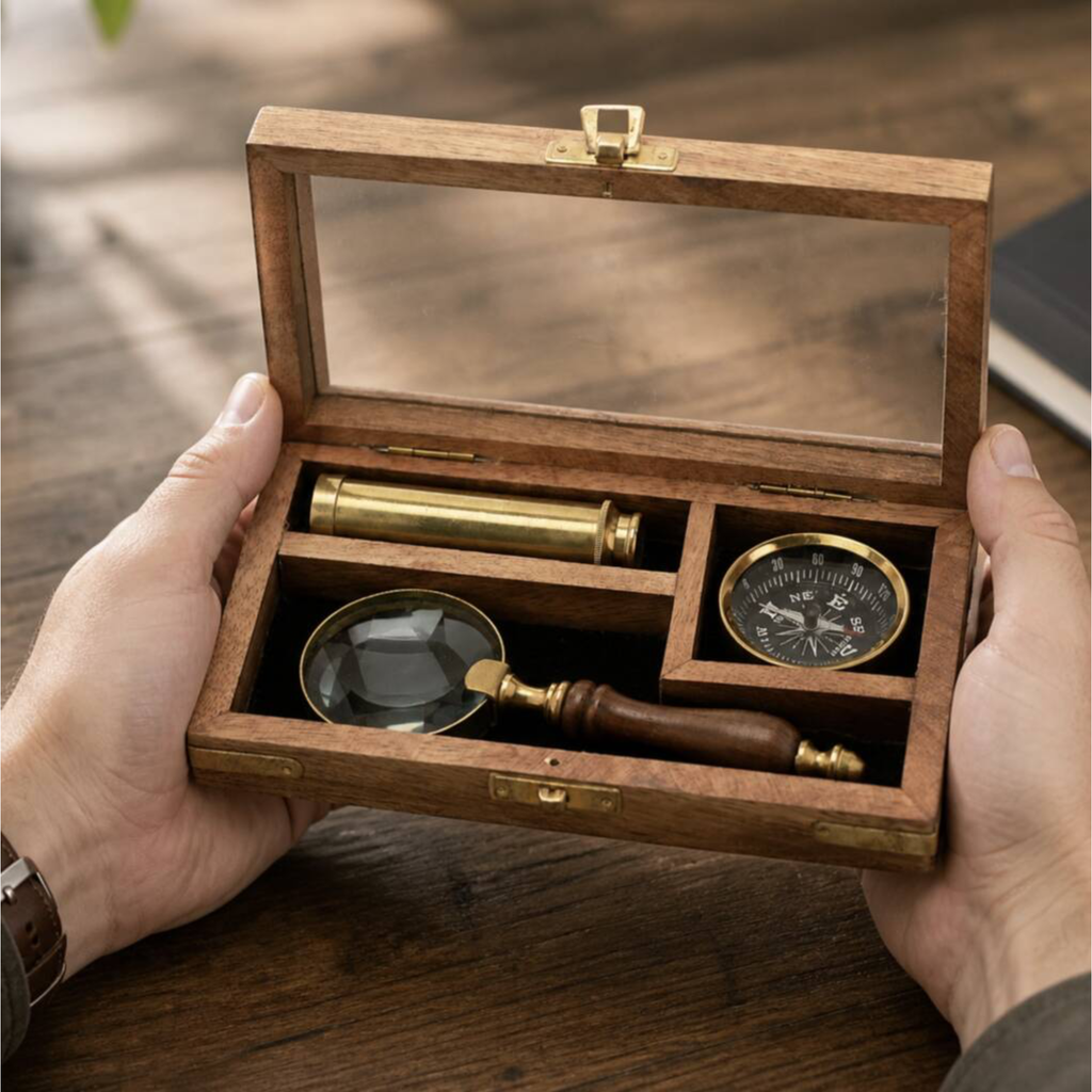 A wooden presentation box with a clear glass lid is held open by two hands over a wooden table. Inside are three compartments containing a brass cylindrical tool, a magnifying glass with a dark wood handle, and a round compass with a black face and gold rim.