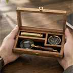 A wooden presentation box with a clear glass lid is held open by two hands over a wooden table. Inside are three compartments containing a brass cylindrical tool, a magnifying glass with a dark wood handle, and a round compass with a black face and gold rim.