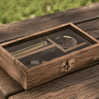 A rectangular wooden presentation box with a clear glass top lid, shown resting on a rustic wooden table outdoors. Inside the box is a vintage-style pocket watch with a black dial and gold-toned details.