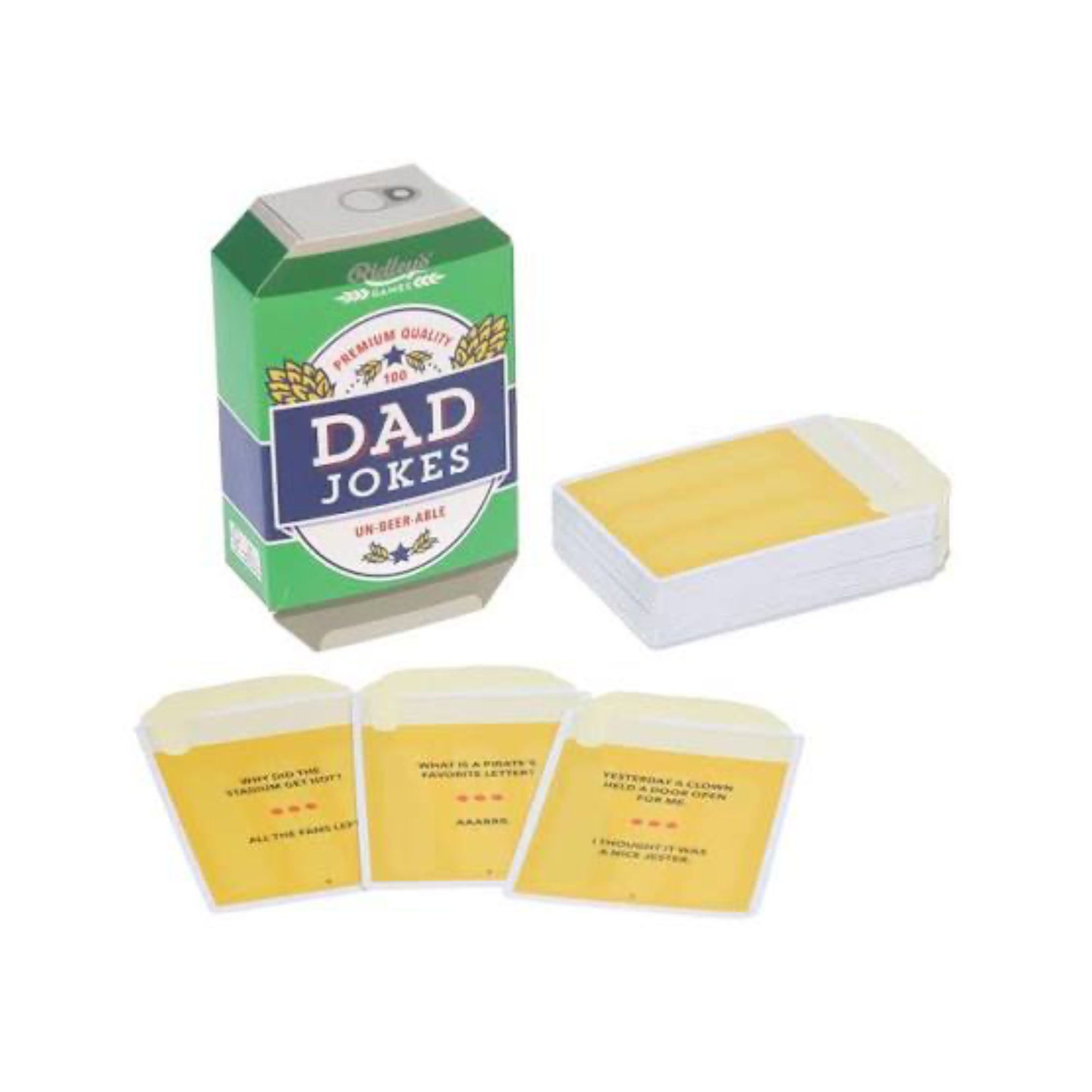 A boxed card game labeled 'Dad Jokes' with a green and blue carton-style package, a stack of white cards with yellow backs, and three individual cards with yellow fronts arranged on a white background.