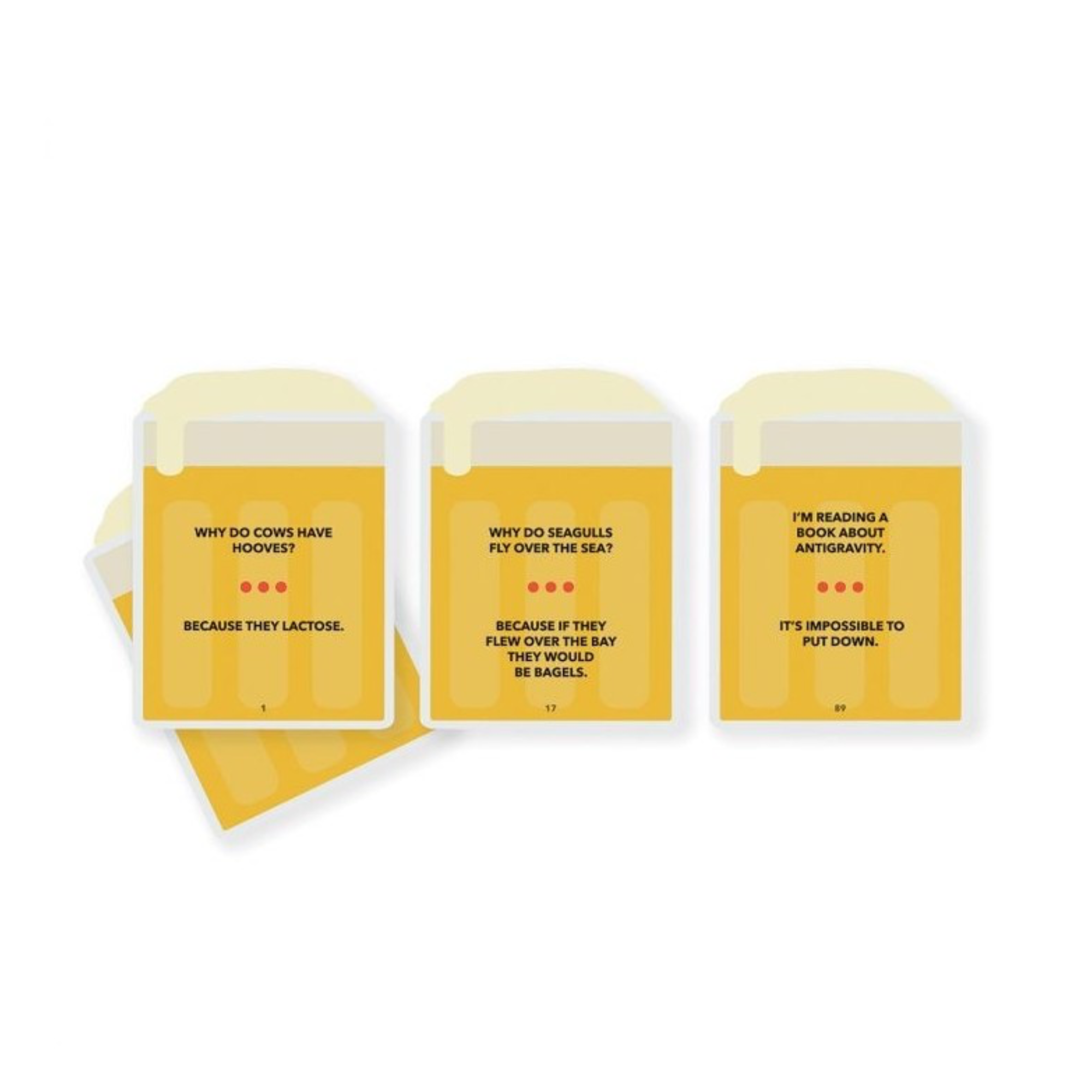 Three yellow novelty drink pouches with humorous printed text, arranged on a clean white background.