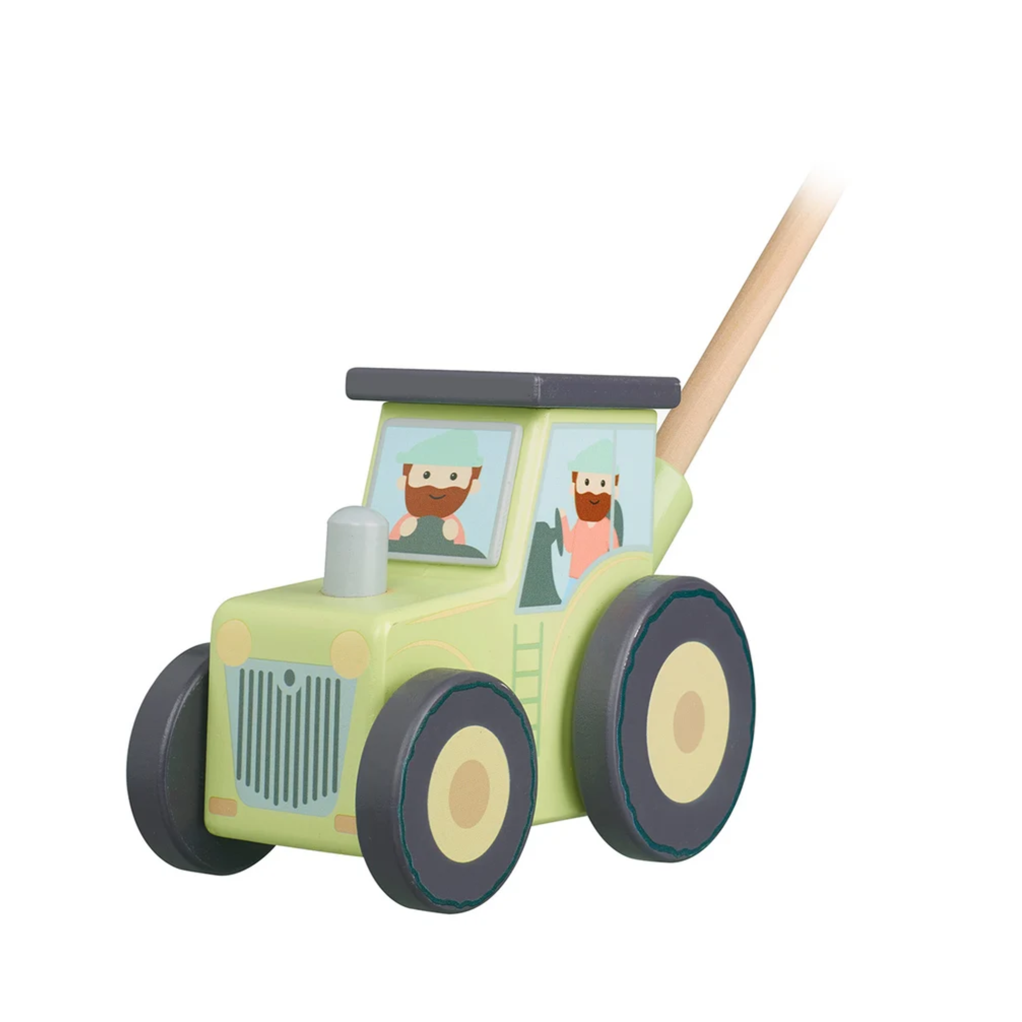 A wooden toy push tractor with a light green body, dark gray wheels, cartoon driver figures in the windows, and a natural wood push handle on a white background.