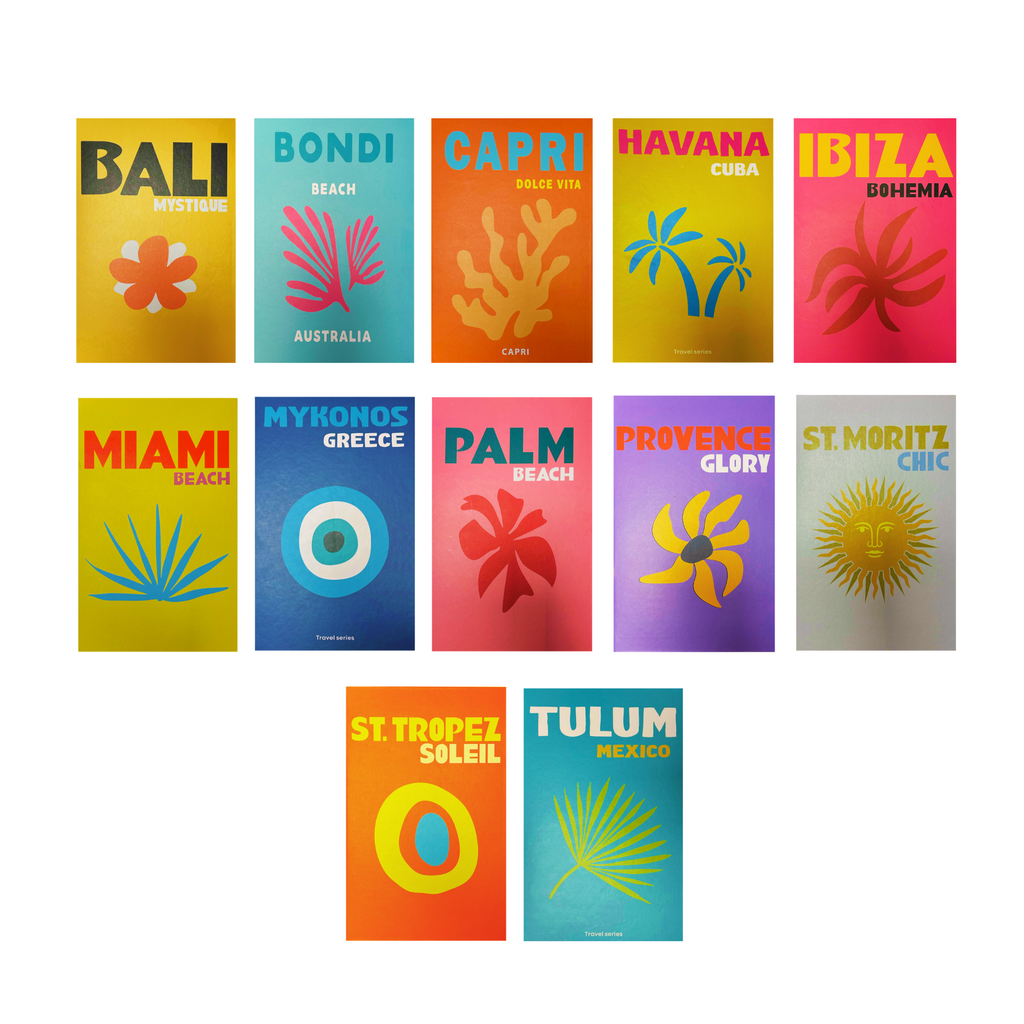 Colourful decorative travel faux books featuring 12 retro-inspired destination designs for coffee tables and bookshelves
