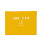 A bright yellow rectangular fabric height chart card featuring the white printed text 'MATILDA'S' and 'MY HEIGHT CHART' with a small tape measure icon.