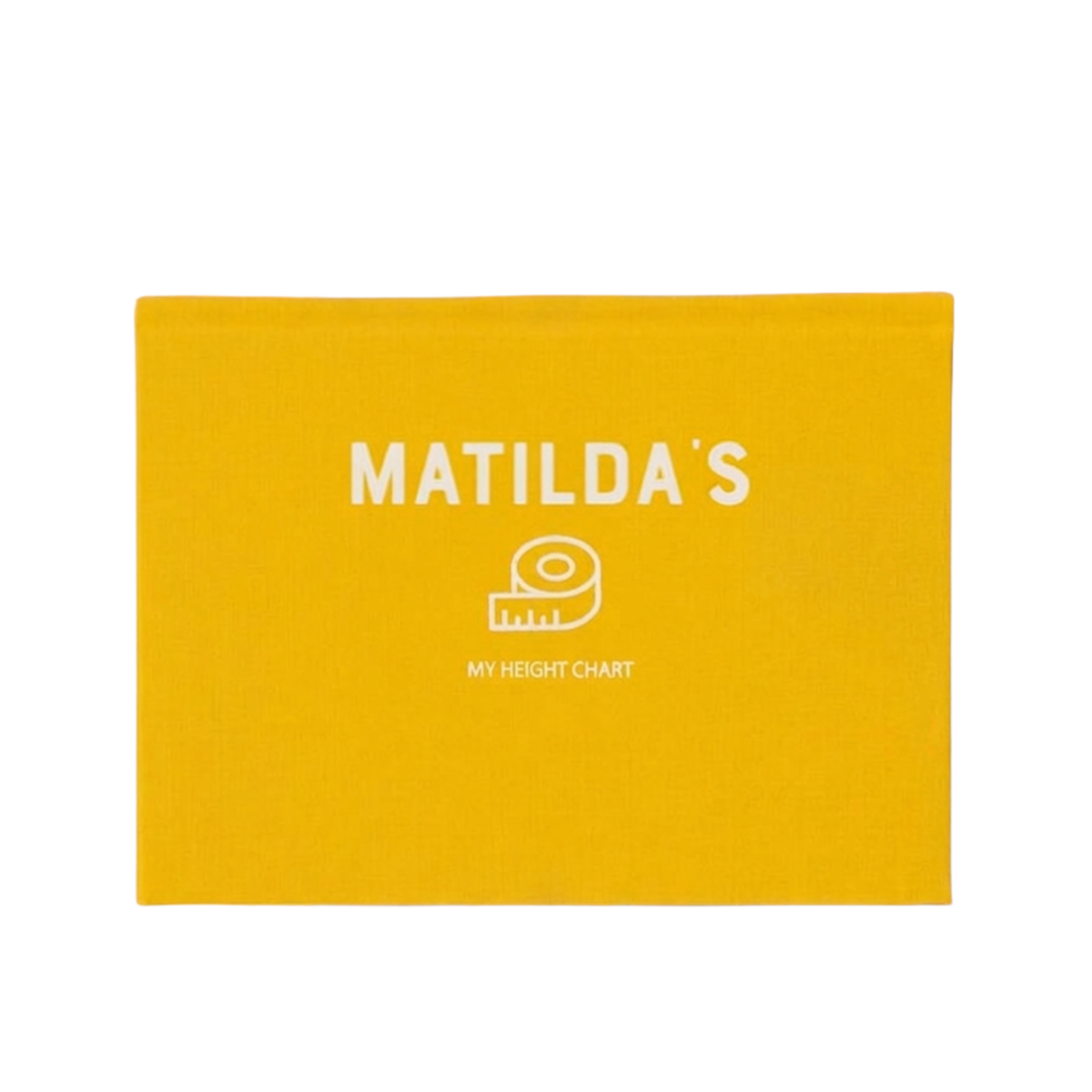 A bright yellow rectangular fabric height chart card featuring the white printed text 'MATILDA'S' and 'MY HEIGHT CHART' with a small tape measure icon.
