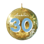 A gold disco ball Christmas ornament with reflective mirrored tiles, featuring the text 'Arabella's 30th' in light blue and white script, shown on a plain white background.