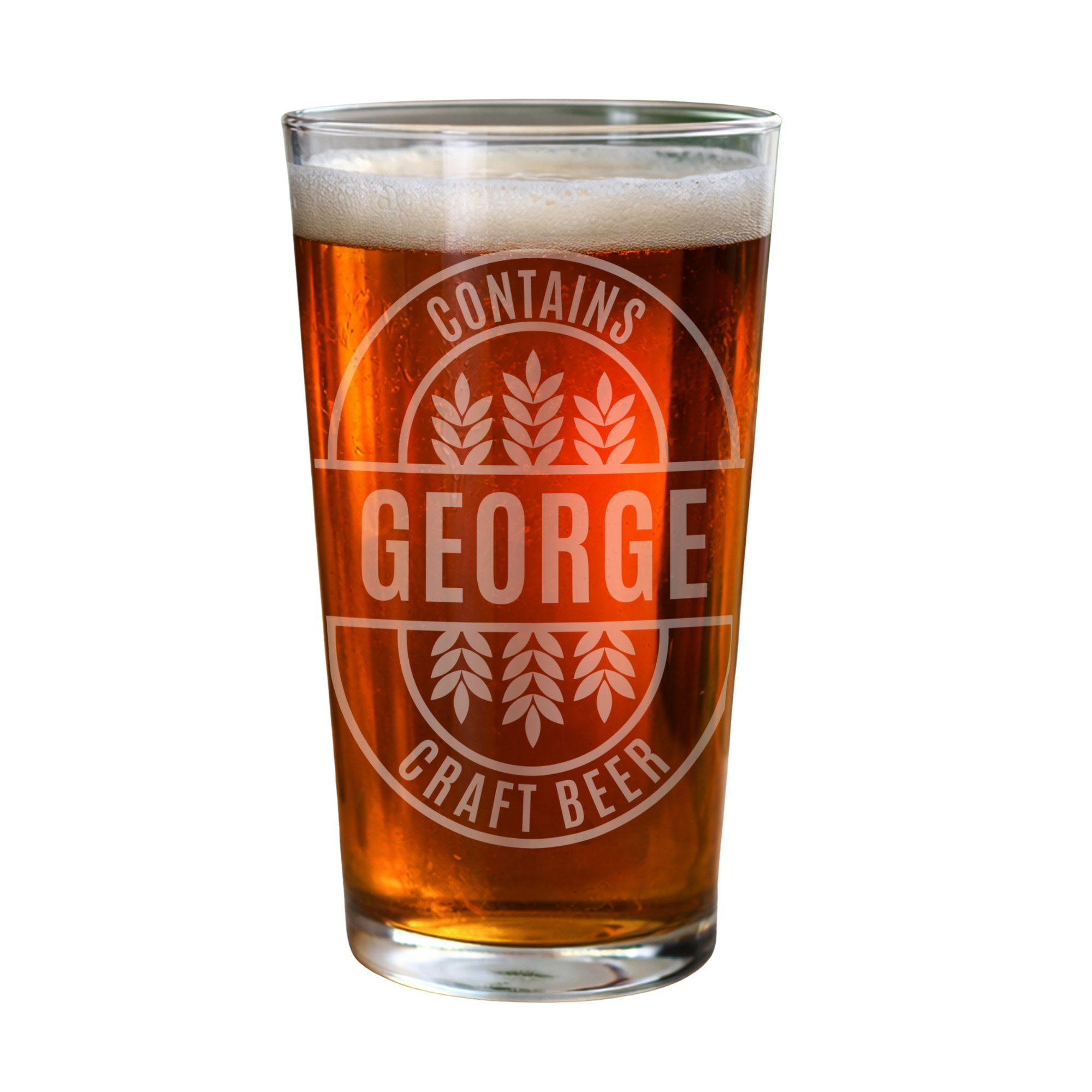 A clear pint glass filled with amber craft beer and topped with white foam, featuring a frosted circular logo that reads 'CONTAINS GEORGE CRAFT BEER' with wheat illustrations, on a white background.
