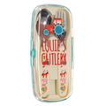 A children's utensil set in a clear plastic case with a tractor-themed design and the text 'LOUIE'S GUTLERY'. The set includes a spoon, fork, and two small handled utensils with colorful tractor and horse illustrations on a white background.