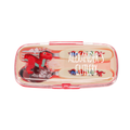 A children's cutlery set in a clear plastic case with red trim, featuring dinosaur-themed utensils and the text 'ALEXANDER'S CUTLERY' printed on the lid.