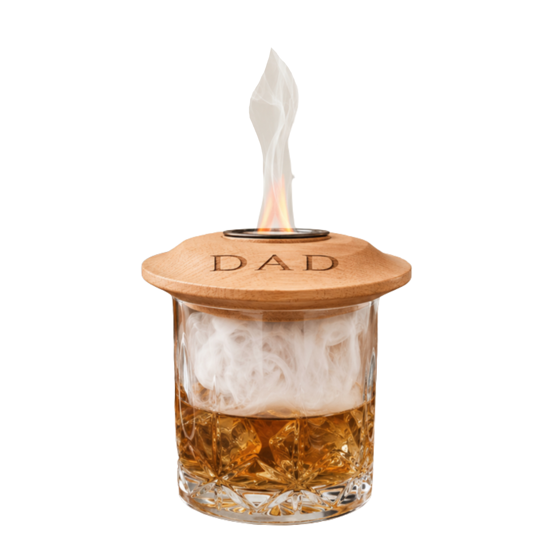 A whiskey glass with a wooden lid engraved with 'DAD', filled with amber liquor and ice, with white smoke rising from the top against a white background.