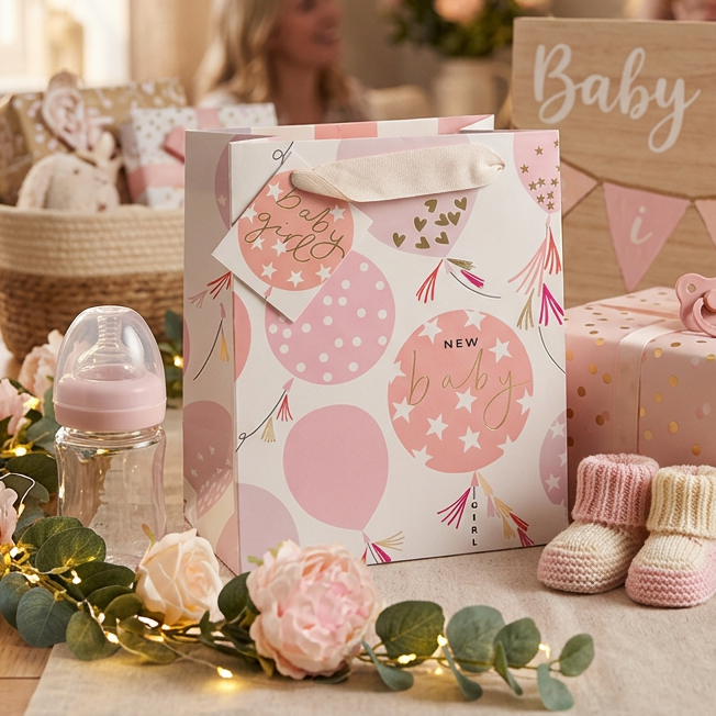 A styled baby shower or baby gift table scene with pink and white gift bags, wrapped presents, a teddy bear, baby booties, a bottle, and a wooden sign reading 'Baby Girl.' In the background, blurred people are visible in a warmly lit indoor setting.