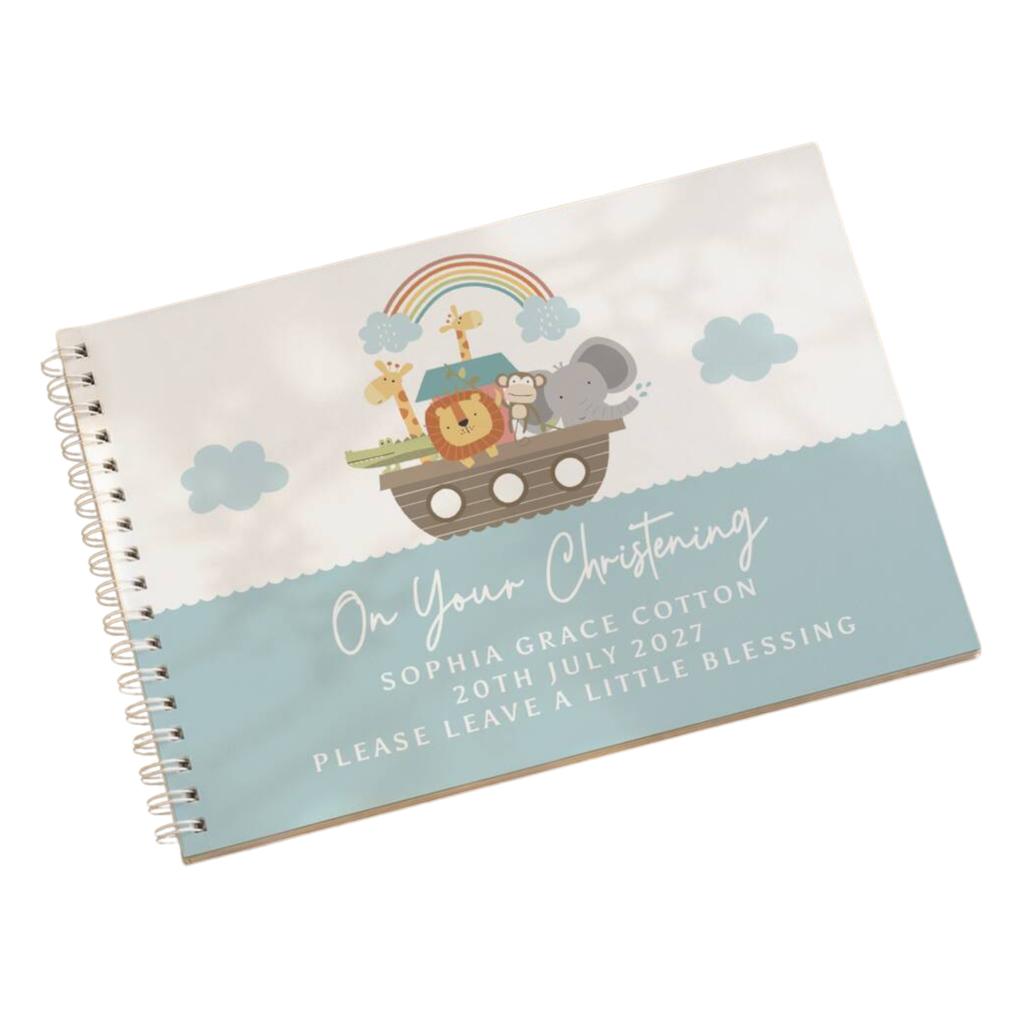 A spiral-bound baby christening keepsake notebook with a Noah's Ark illustration and personalized text on a white background.