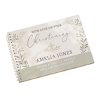 A personalized spiral-bound Christening notebook with a cream and sage green cover, featuring floral illustrations and the text 'With Love on Your Christening Amelia Jones'.