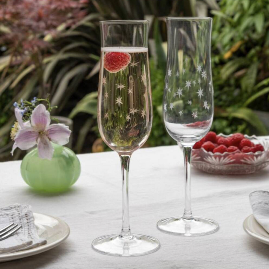 Pair of Etched Star Champagne Gift Coupe Cocktail Glasses