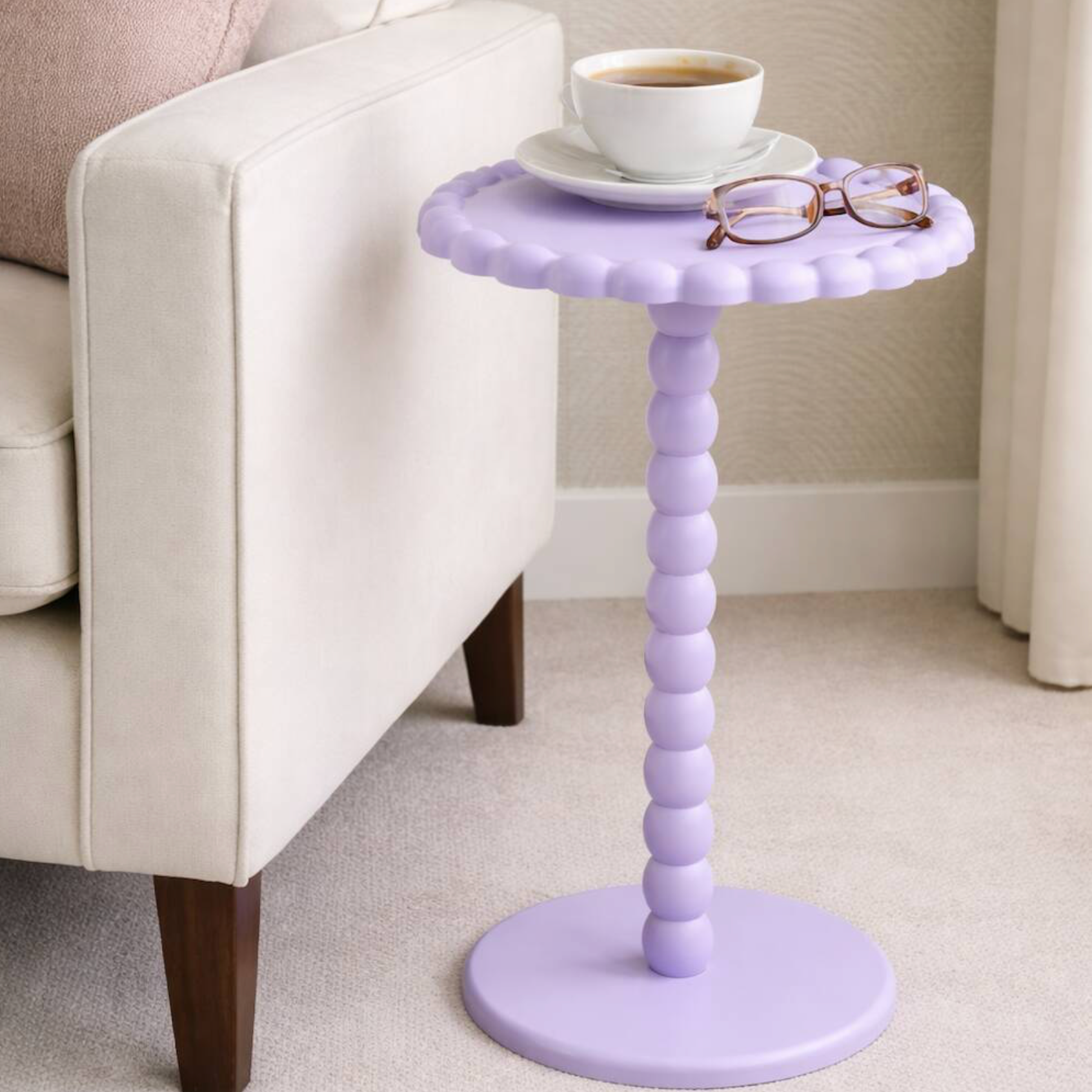 Beaded Side Round Pedestal Accent Table