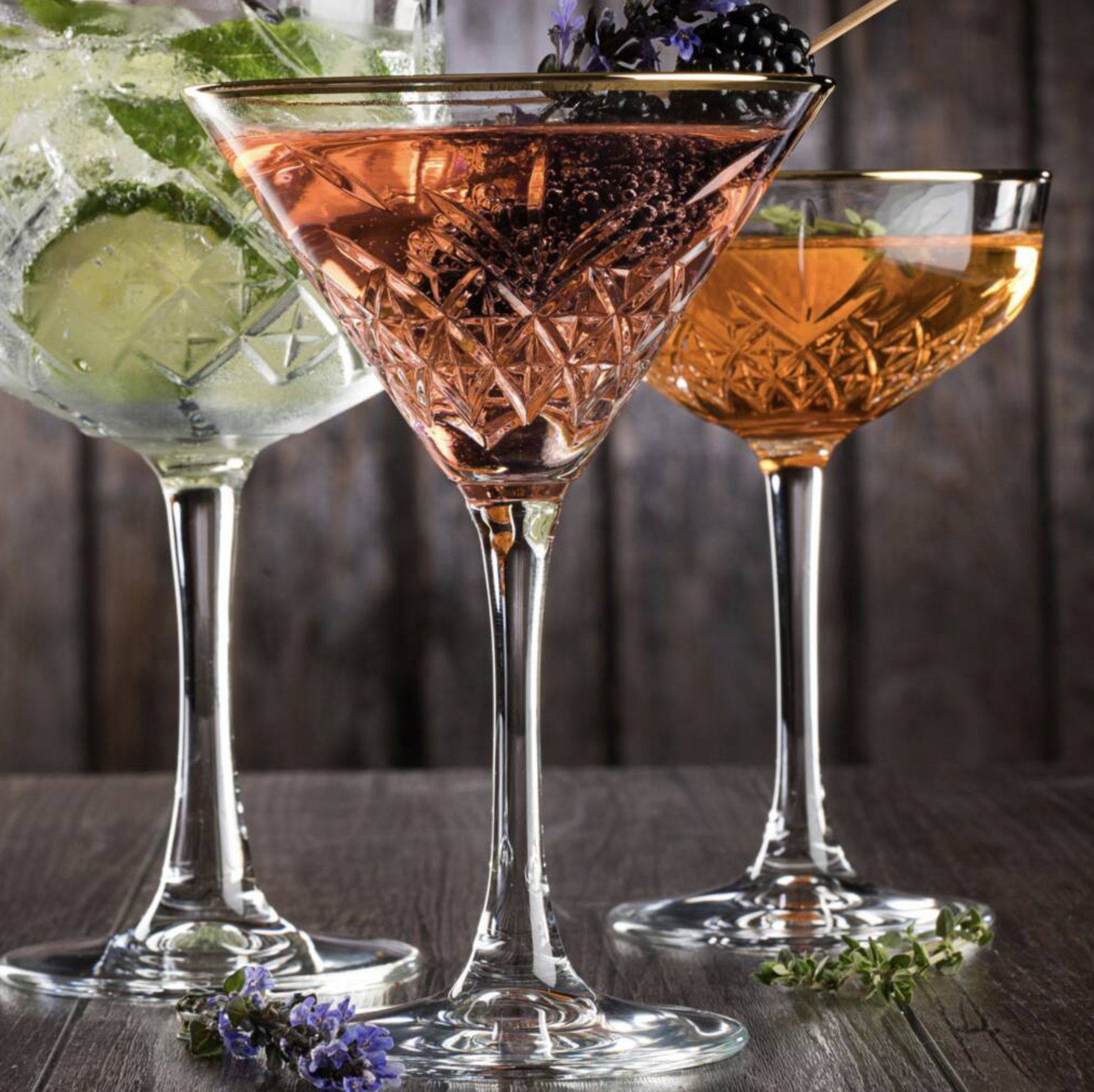 Set of Two Gold Rimmed Martini Cocktail Glasses