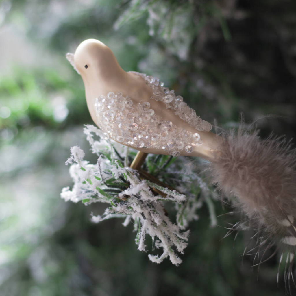 Three Feathered Glass Glitter Bird Decorations