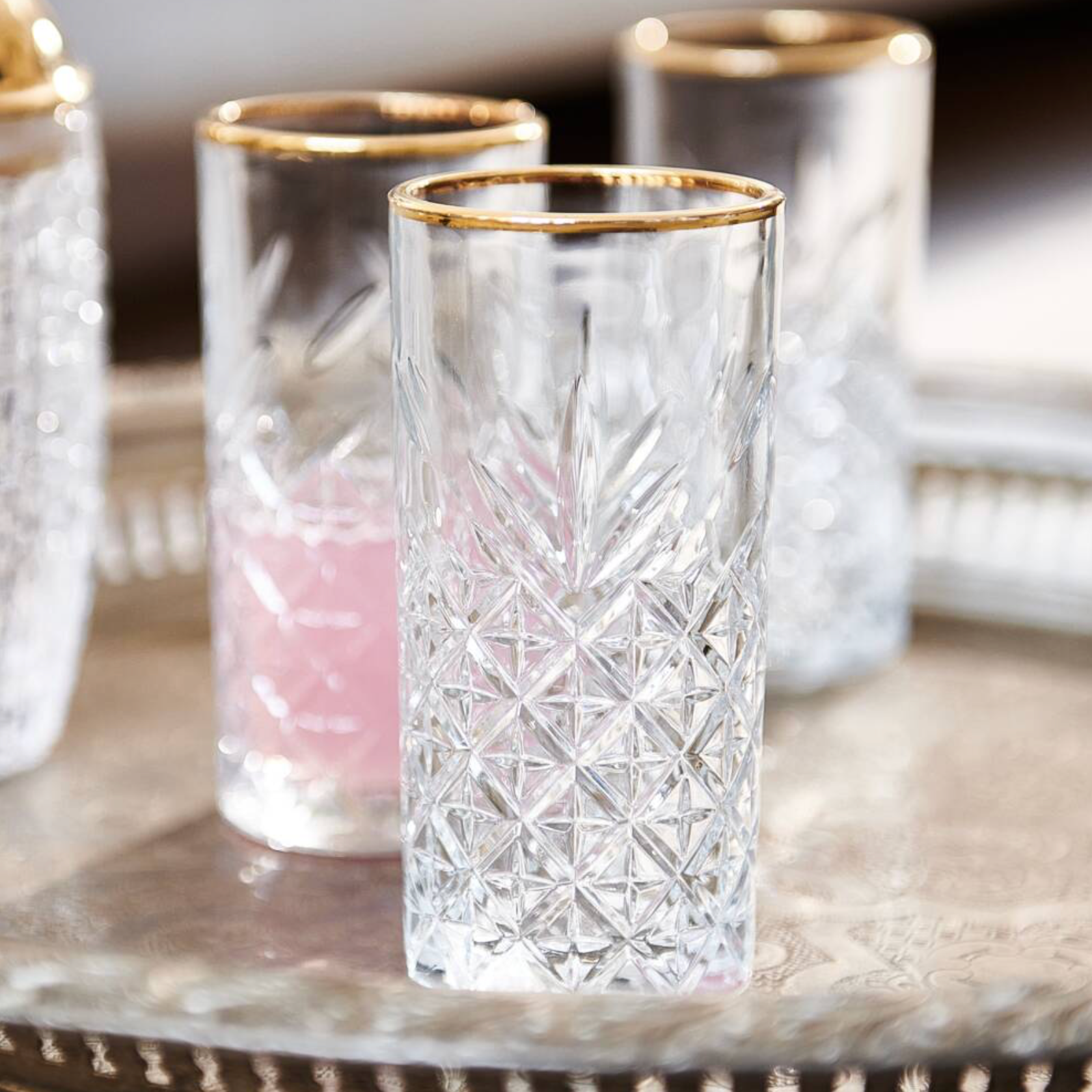Vintage Cut Glass Highball Tumbler with Gold Rim