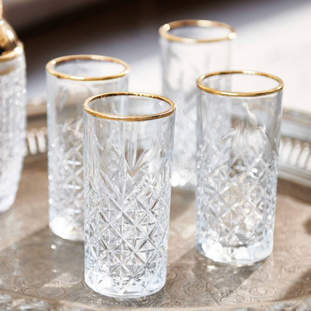 Vintage Cut Glass Highball Tumbler with Gold Rim
