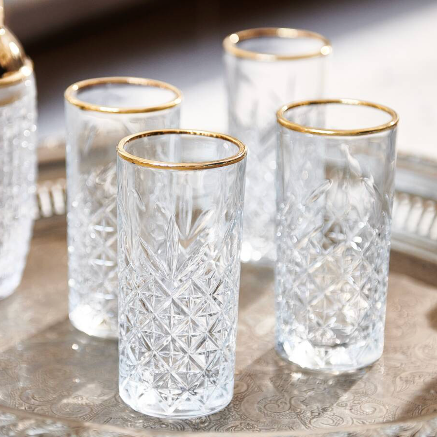 Vintage Cut Glass Highball Tumbler with Gold Rim