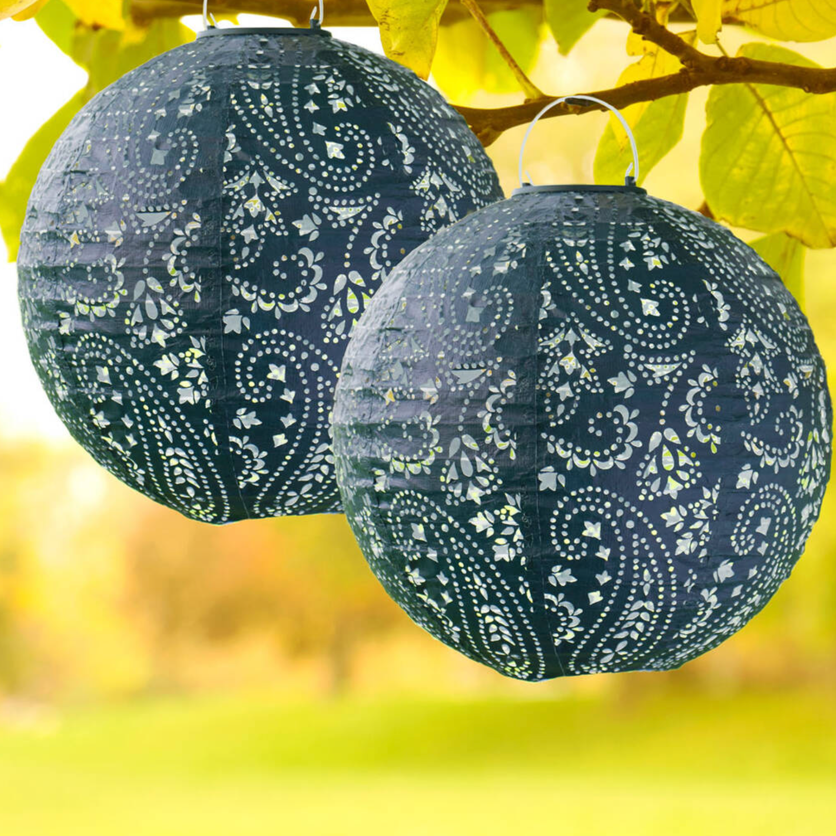 Two Paisley Navy Garden Solar Lanterns