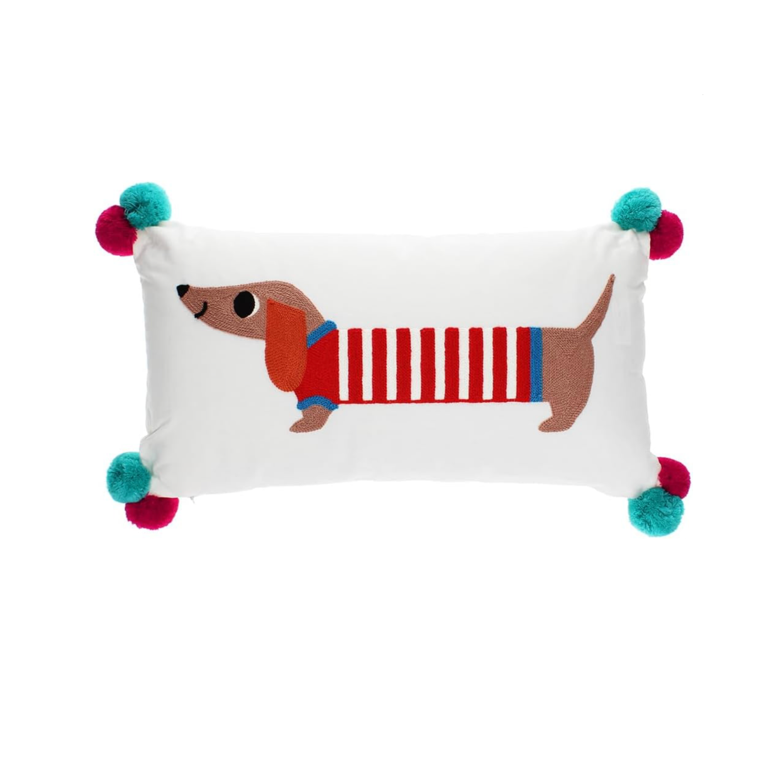 Embroidered Sausage Dog Cushion with Pom Poms