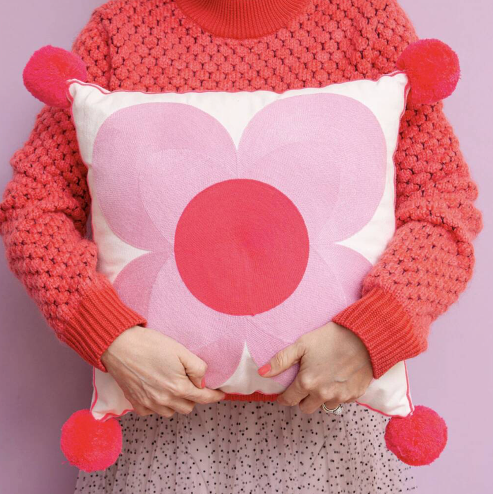 Embroidered with Giant Pom Poms Flower Cushion
