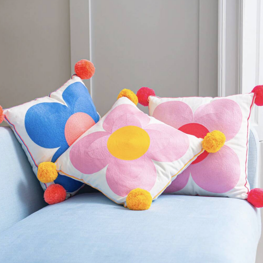 Embroidered with Giant Pom Poms Flower Cushion