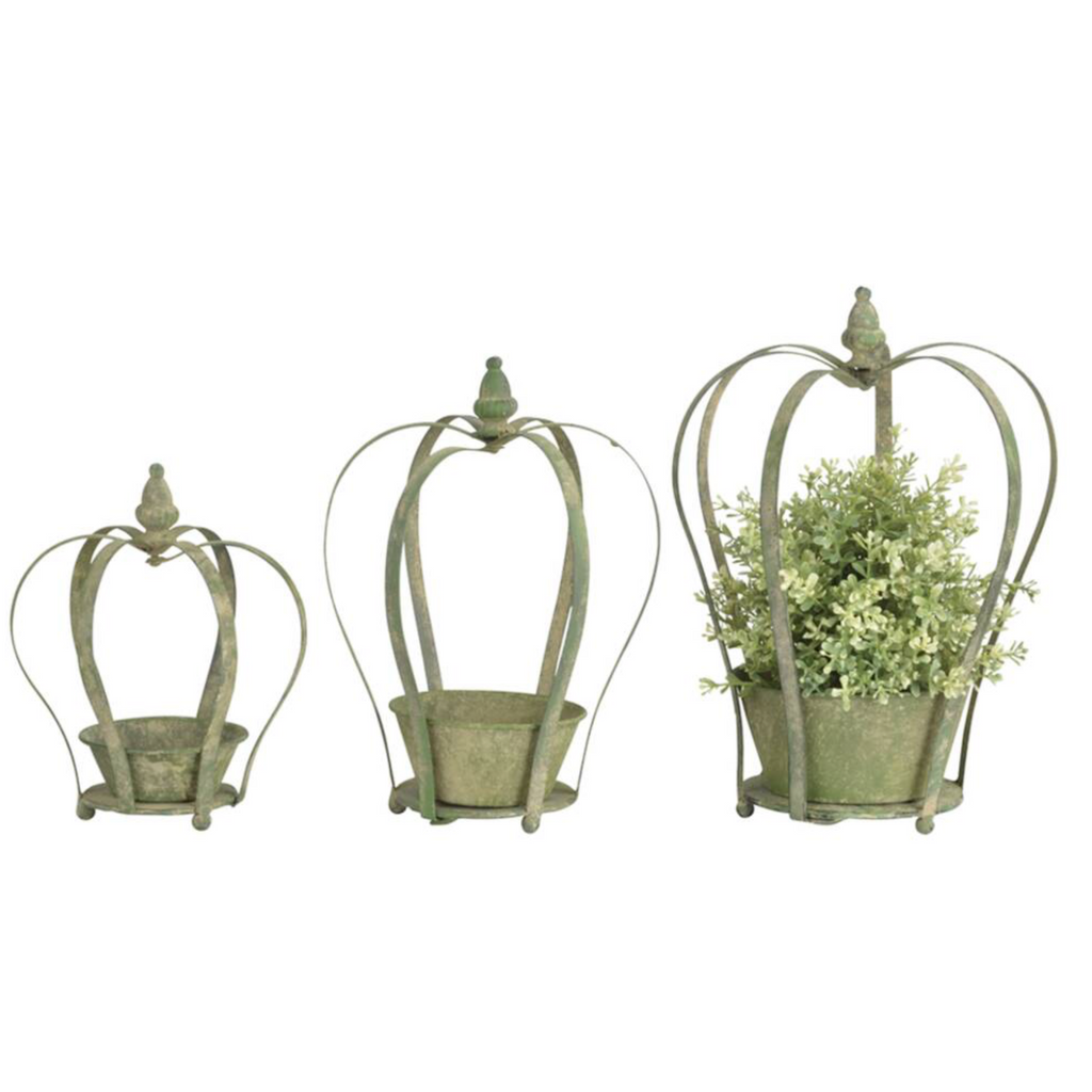Aged Metal Green Crown Planter