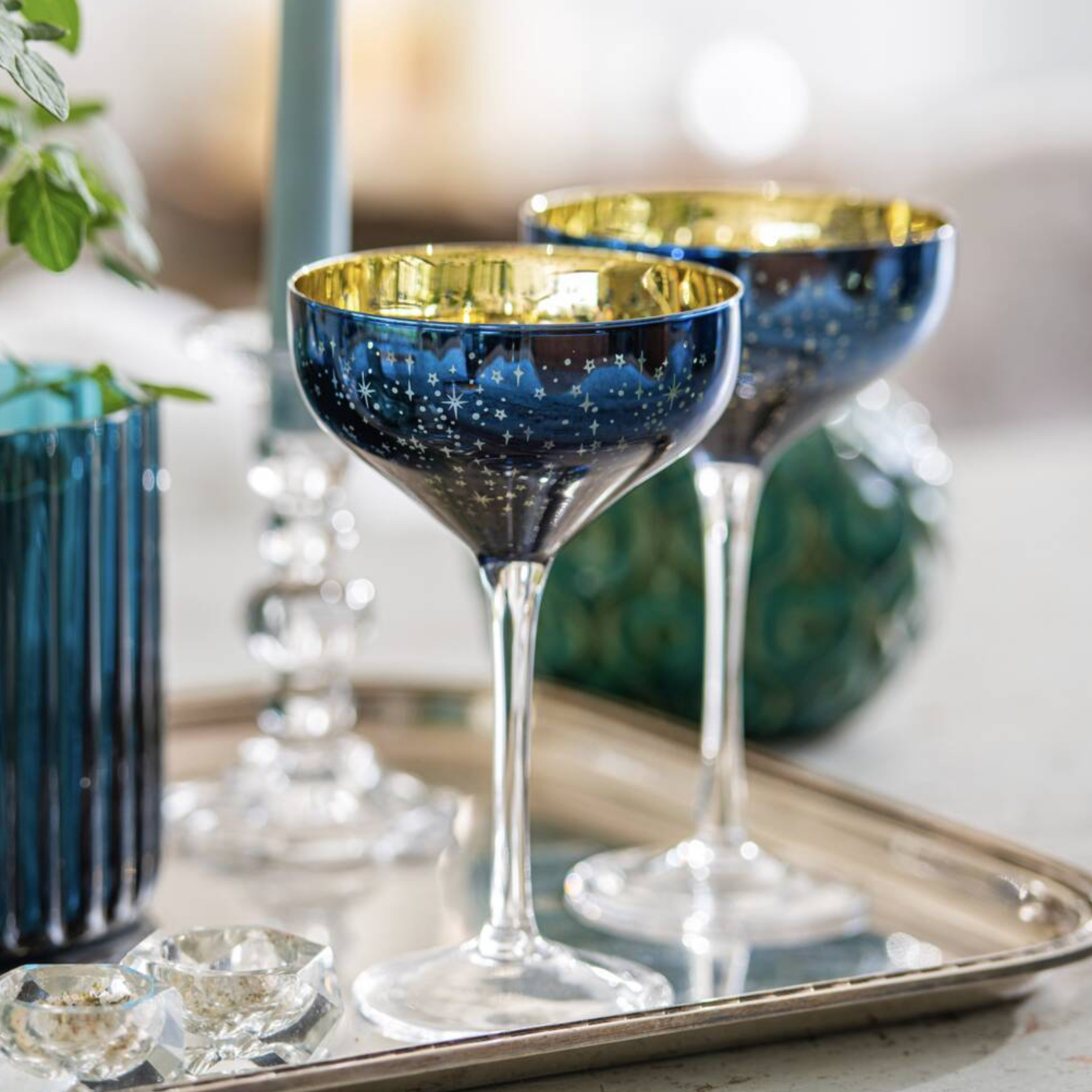 Electroplated Blue Star Champagne Saucers