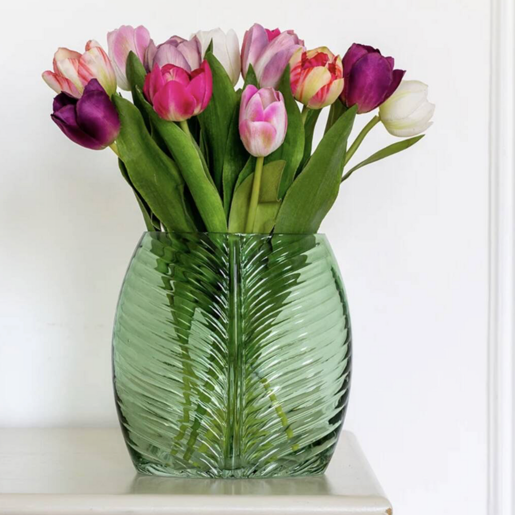 Leaf Design Botanical Green Glass Vase