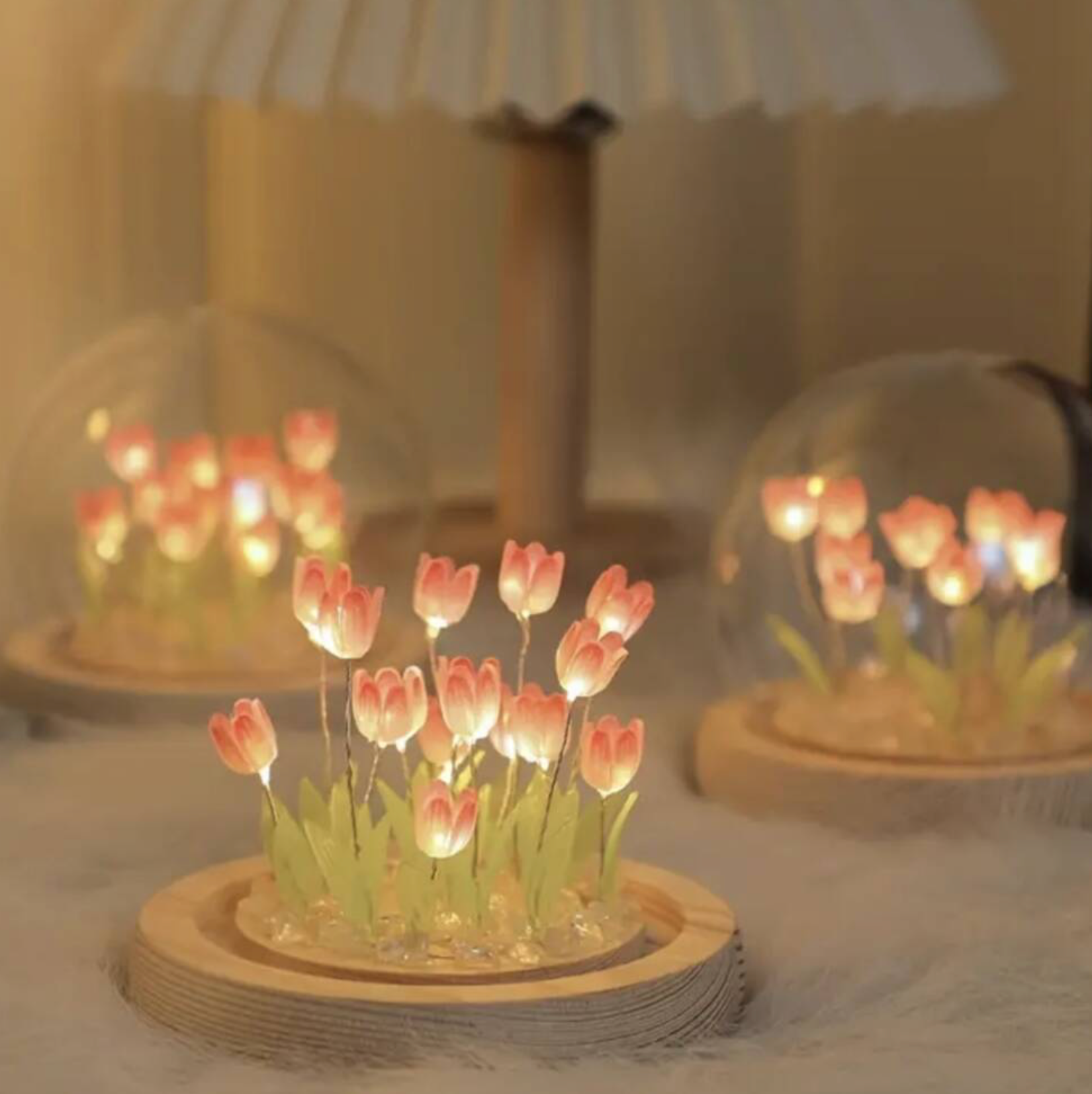 Handmade Terrarium Faux Tulip LED Light Glass Dome