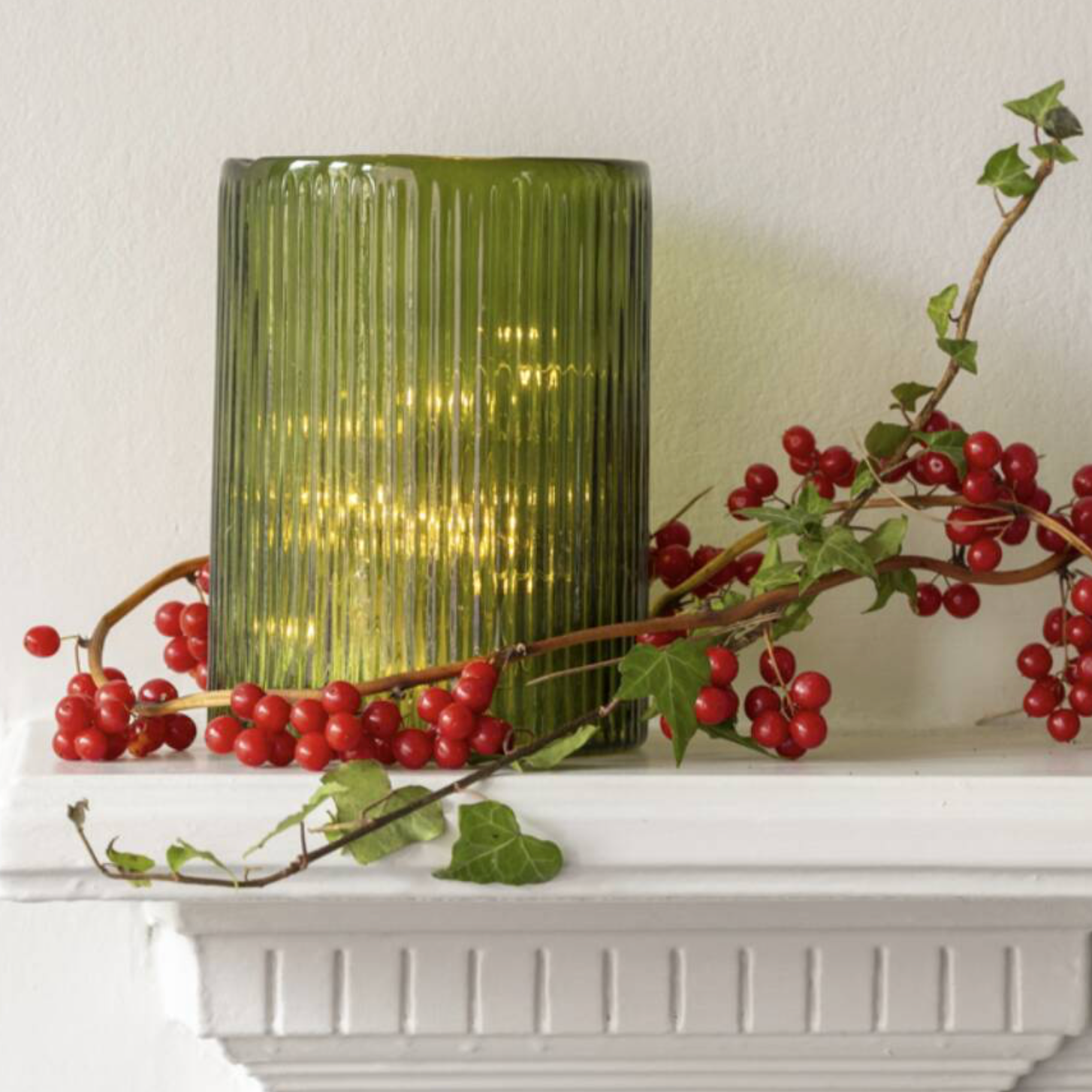 Vintage Green Ribbed Hurricane Glass Candle Holder