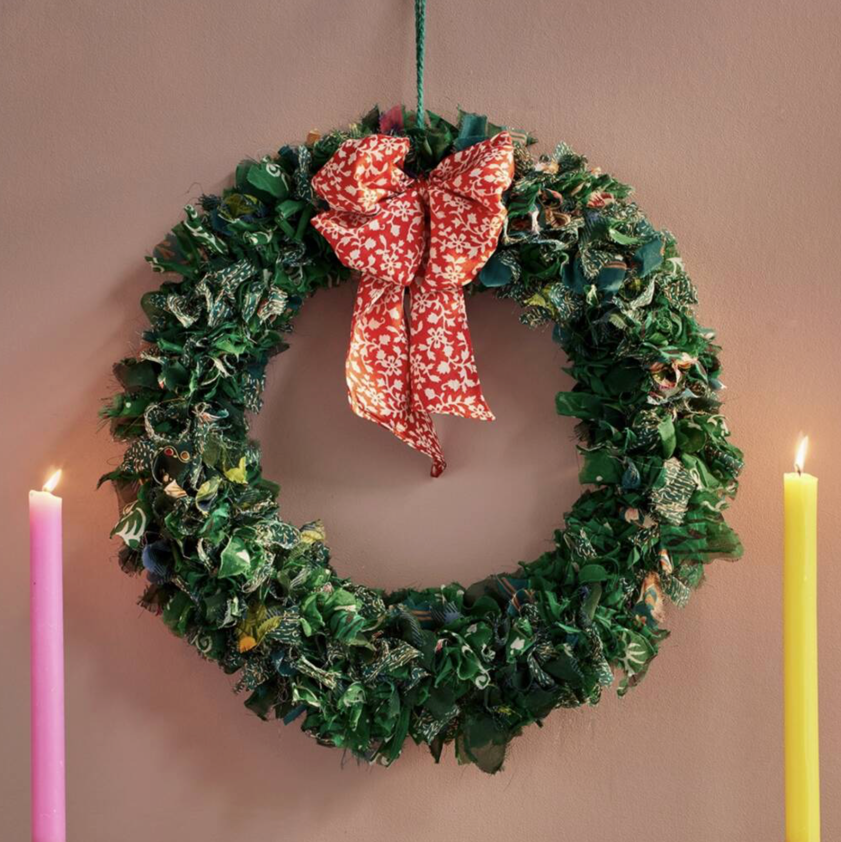 Recycled Sari Green Wreath with Bow