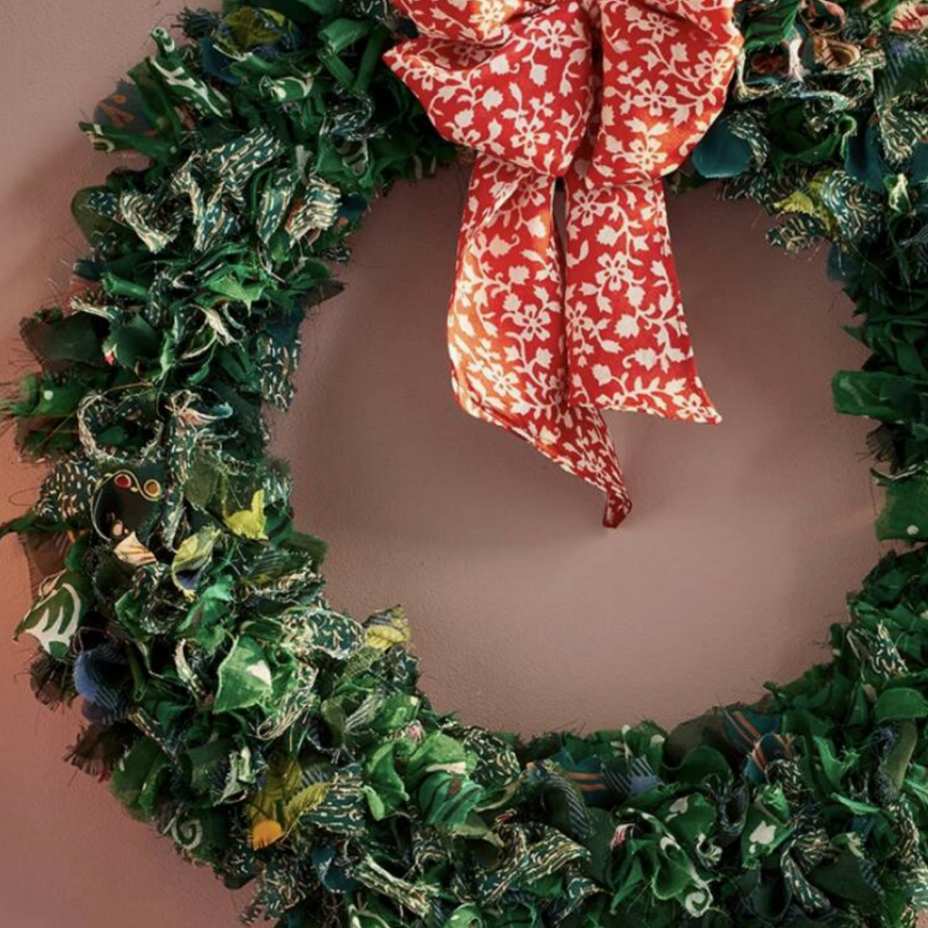 Recycled Sari Green Wreath with Bow