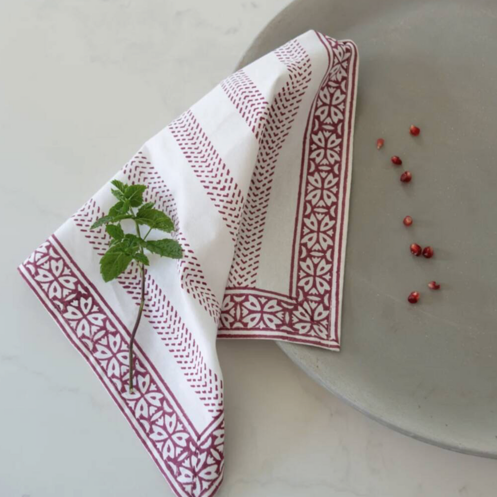 Raspberry Cotton Hand Block Print Tablecloth