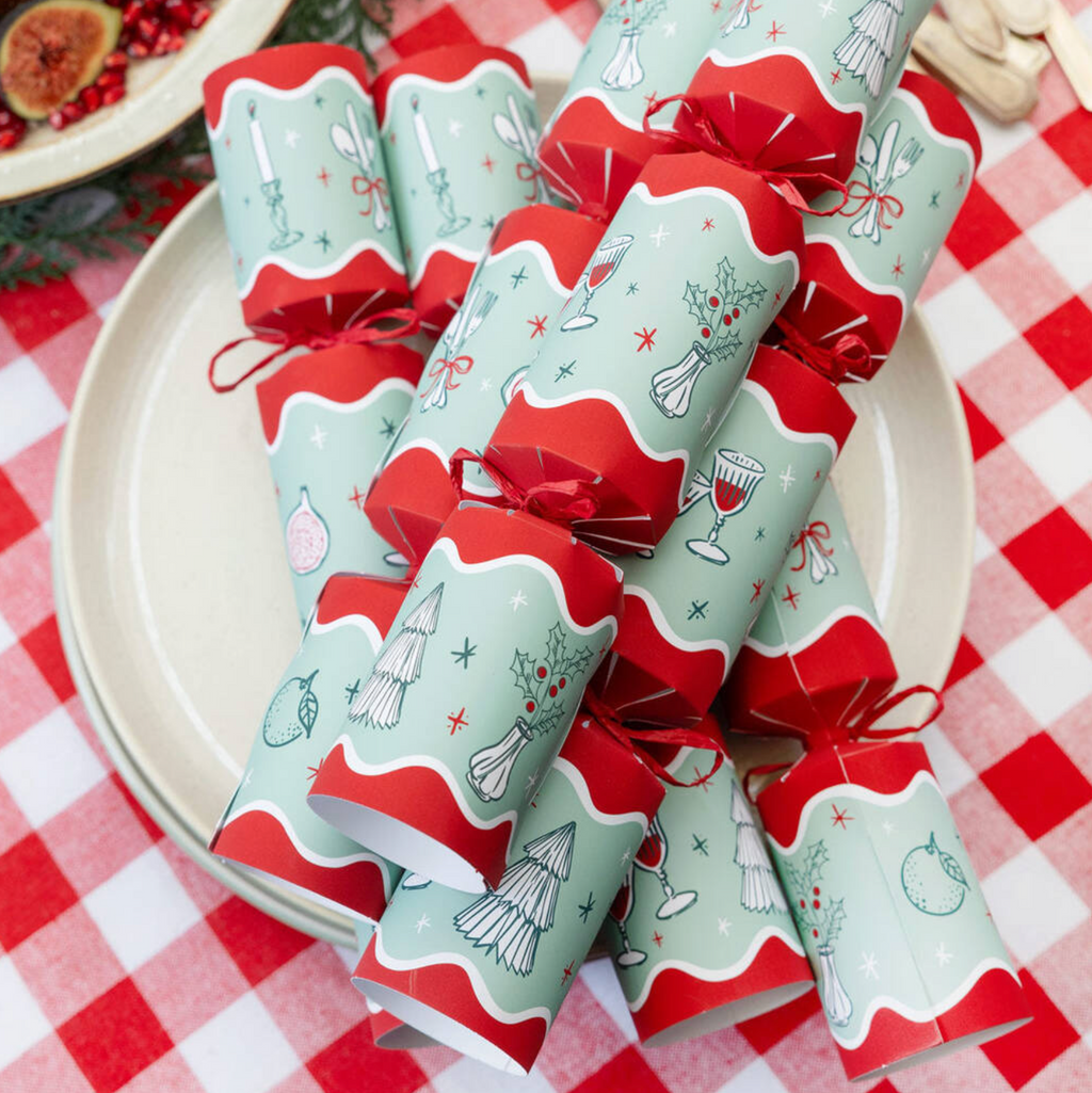 Bon Noel Set of Six Green And Red Christmas Crackers