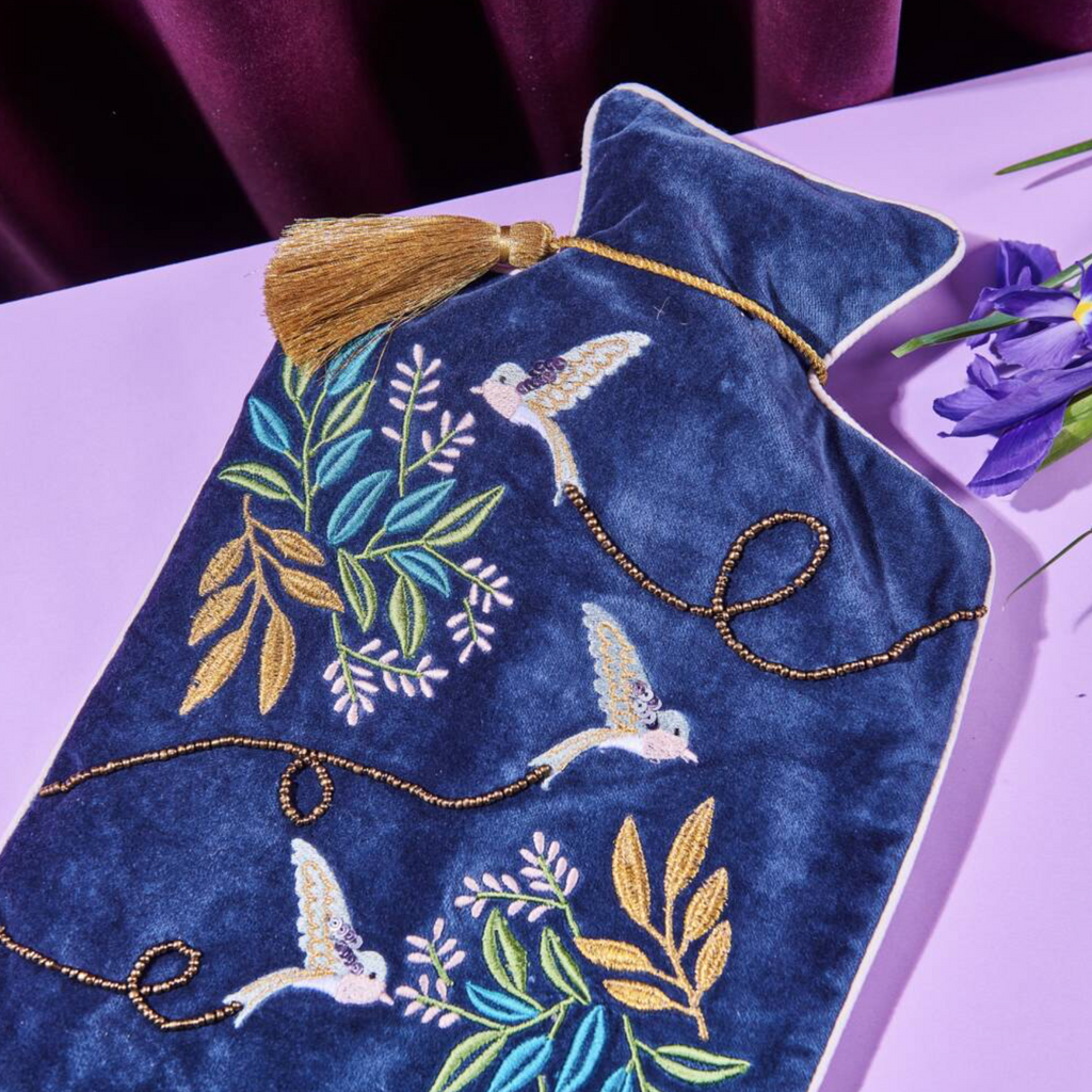 Luxury Embroidered Bird With Tassel Hot Water Bottle