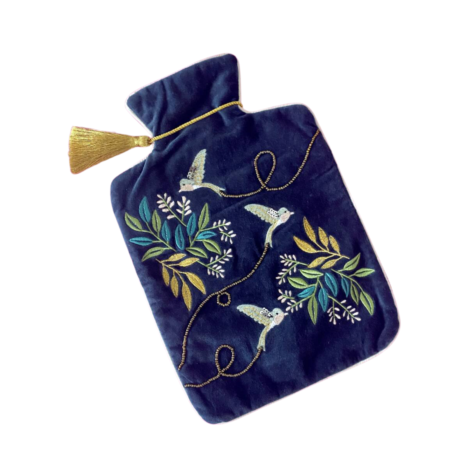 Luxury Embroidered Bird With Tassel Hot Water Bottle