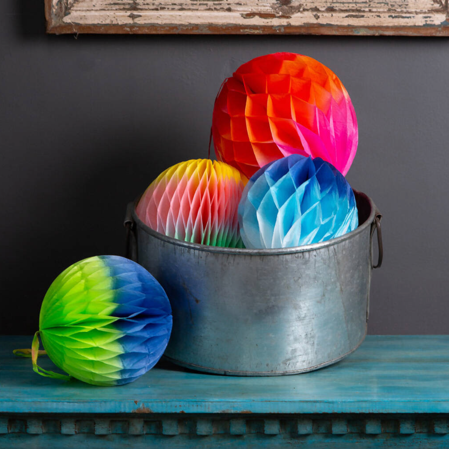 Three Blue And Green Ombre Paper Honeycomb Decorations