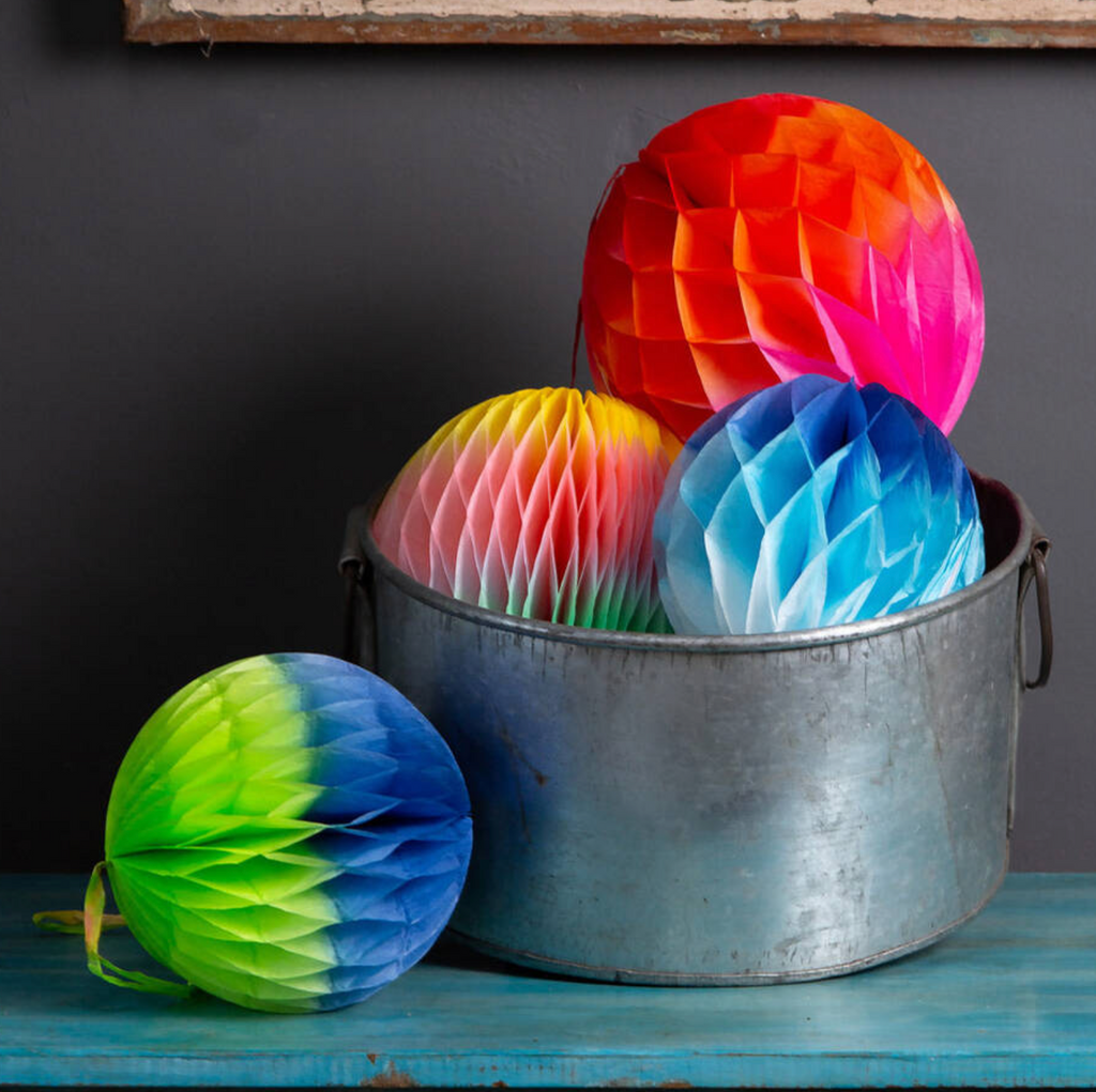 Three Blue And Green Ombre Paper Honeycomb Decorations