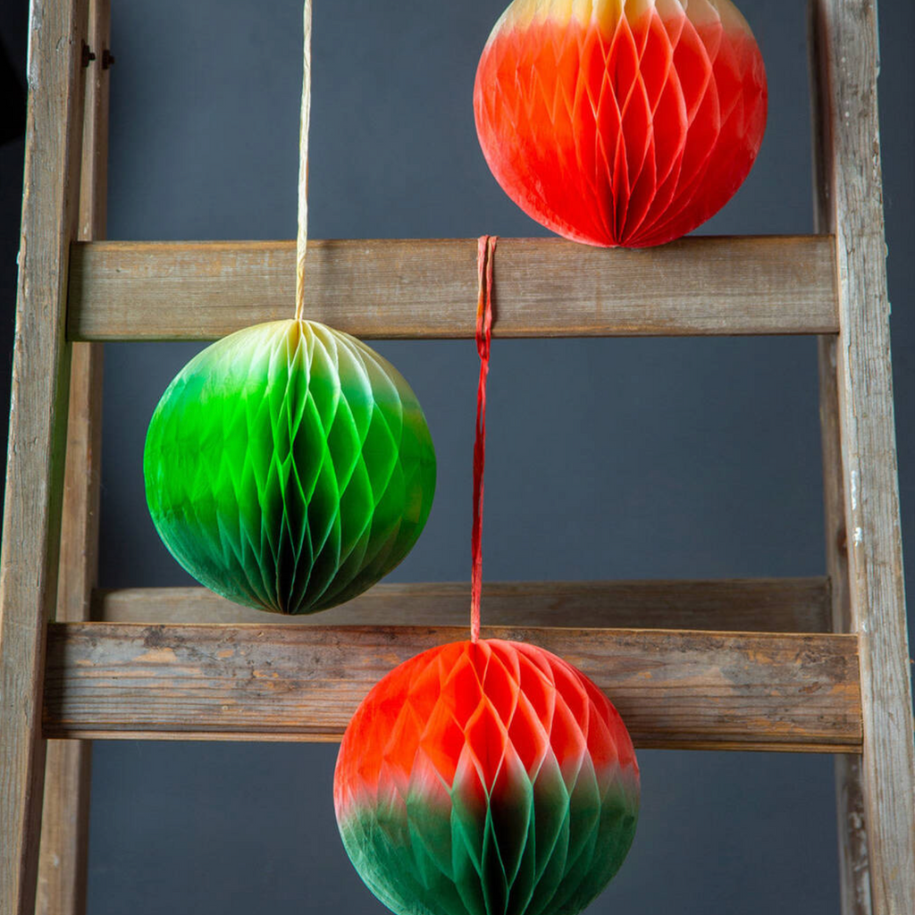 Three Red And Green Ombre Paper Honeycomb Decorations