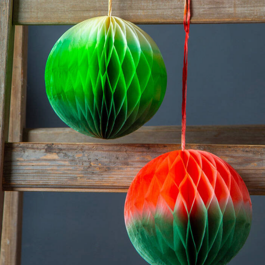 Three Red And Green Ombre Paper Honeycomb Decorations