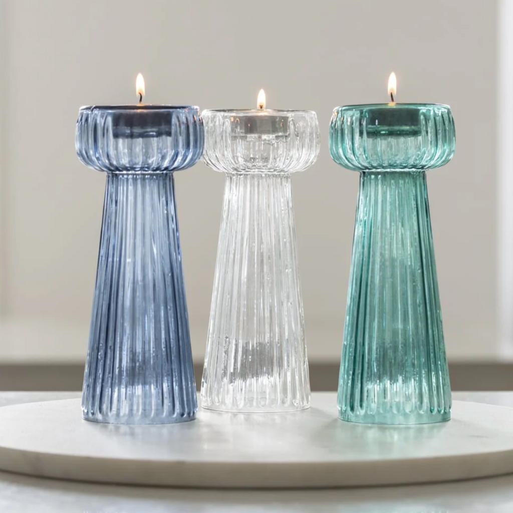 Tall Ribbed Glass T-Light Holder