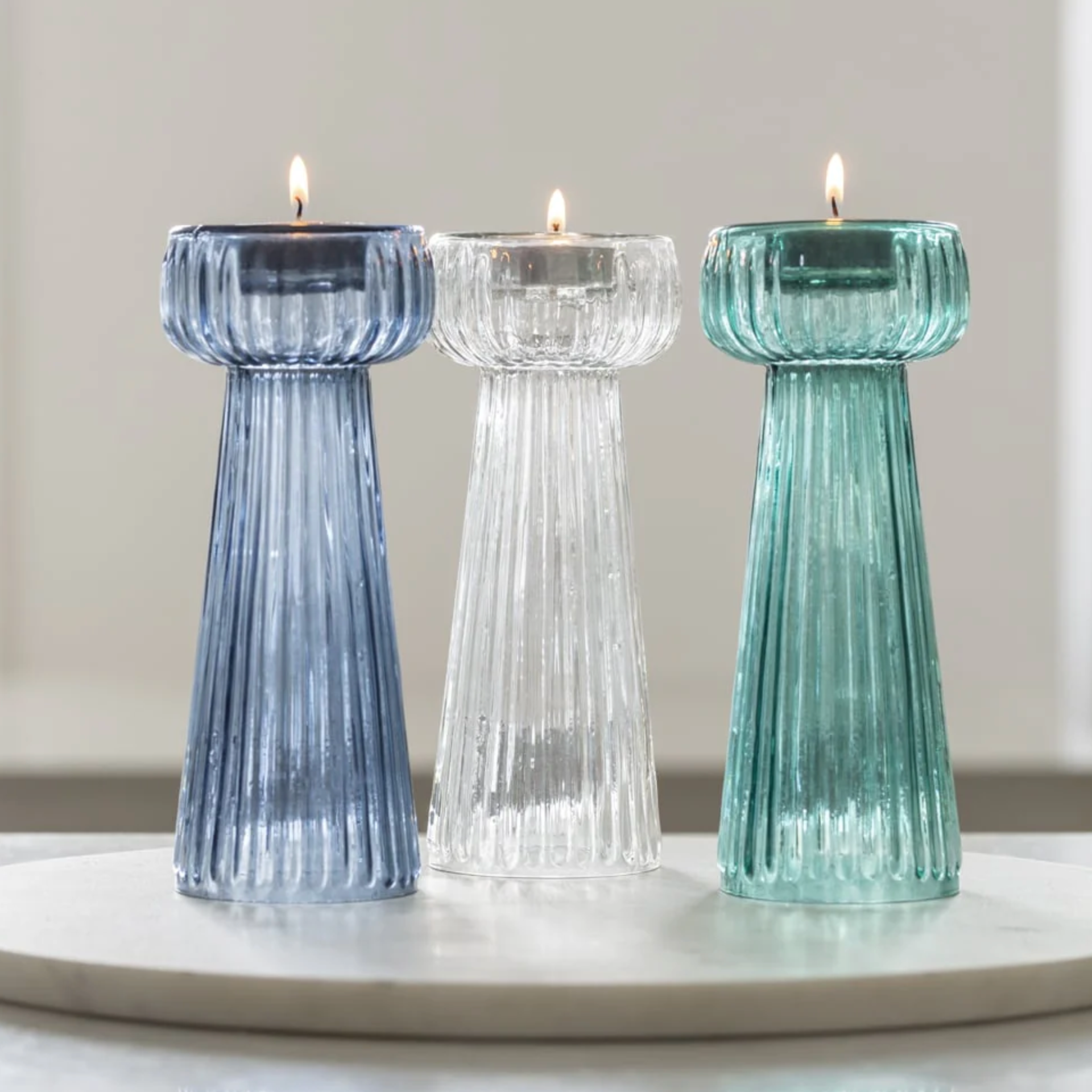 Tall Ribbed Glass T-Light Holder