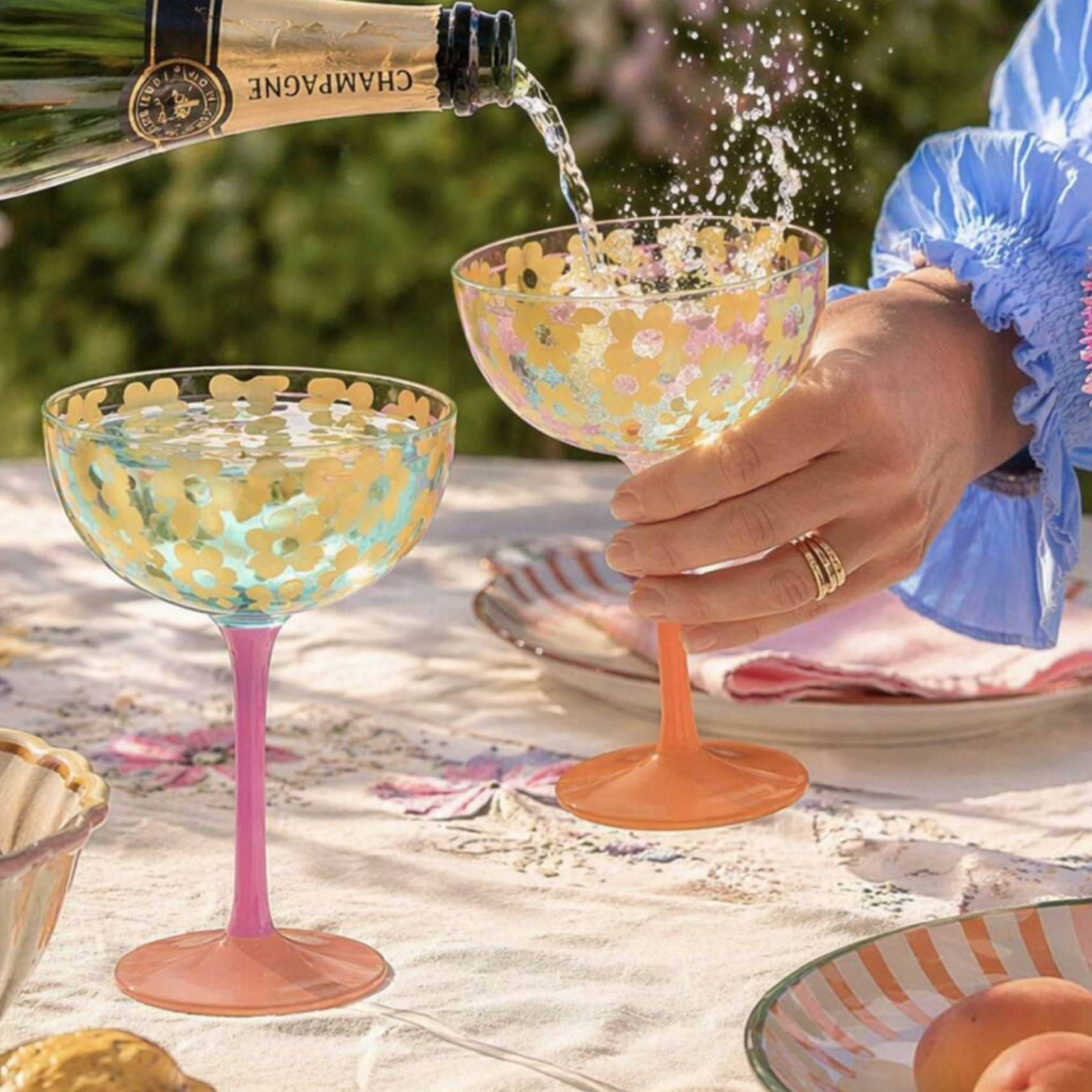 Set Of Two Gold Floral Coupe Glasses