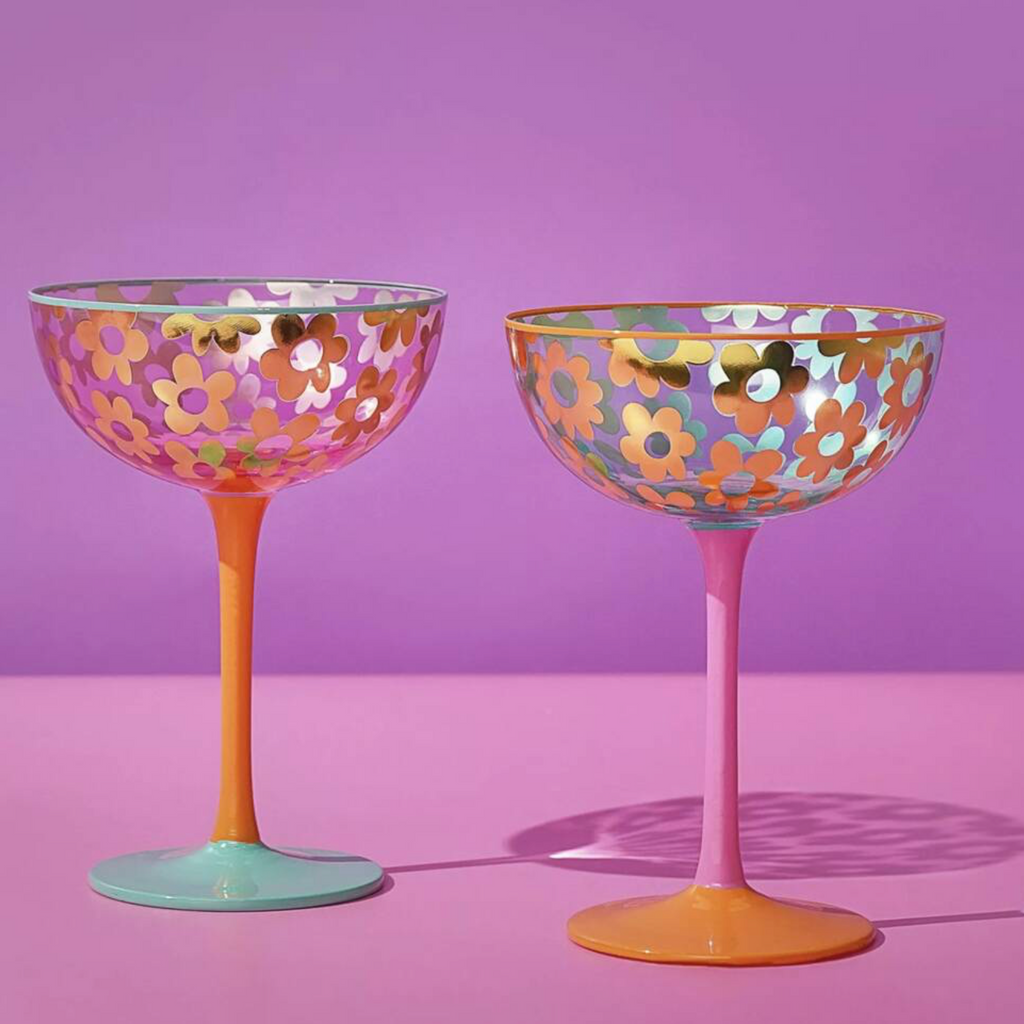Set Of Two Gold Floral Coupe Glasses