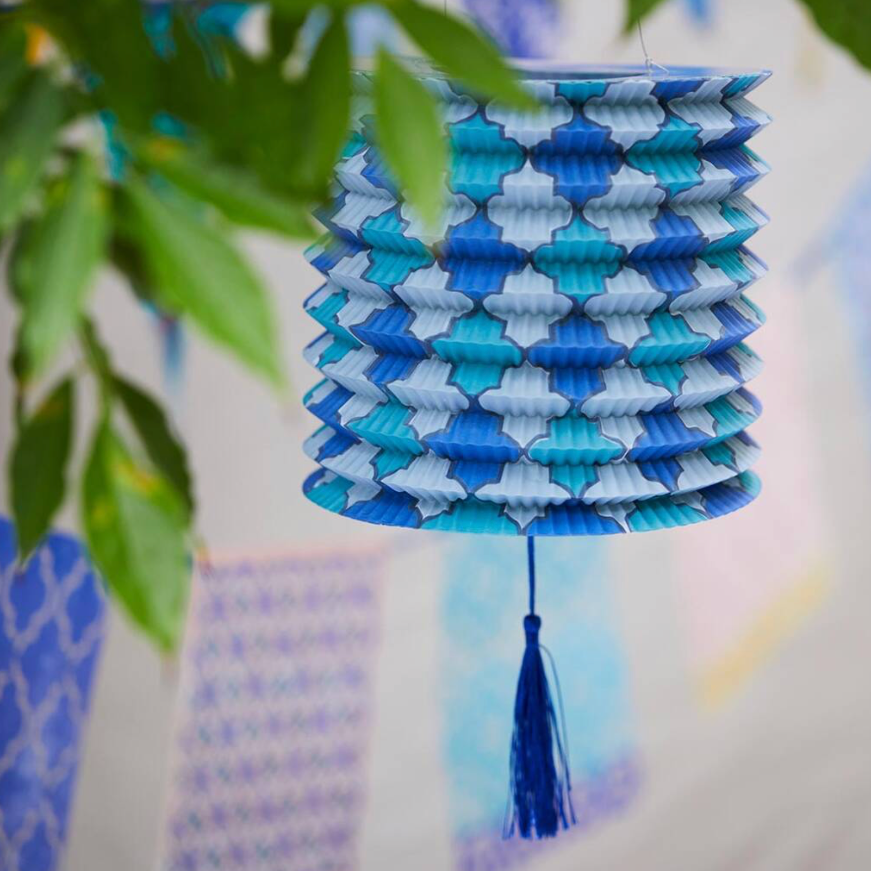 Three Souk Style Blue Hanging Paper Lanterns