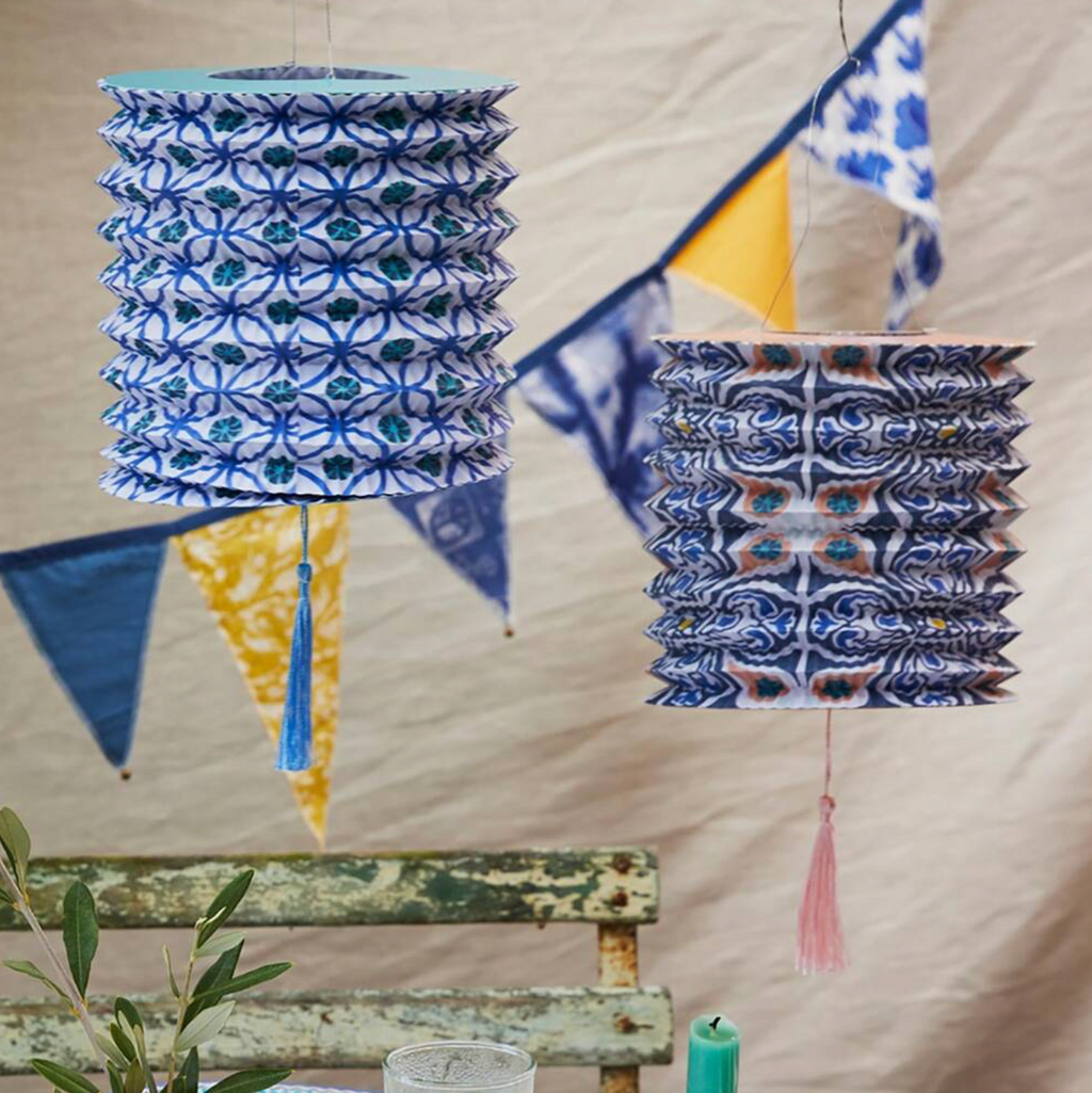 Three Souk Style Blue Hanging Paper Lanterns