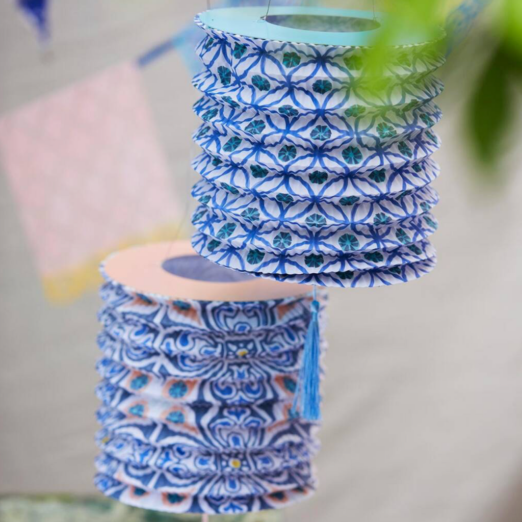 Three Souk Style Blue Hanging Paper Lanterns